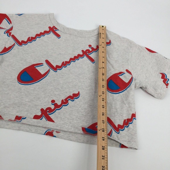 Champion Heritage Cropped AOP Logo T-Shirt Large Gray Red Reverse Weave Crop Top - Picture 7 of 7